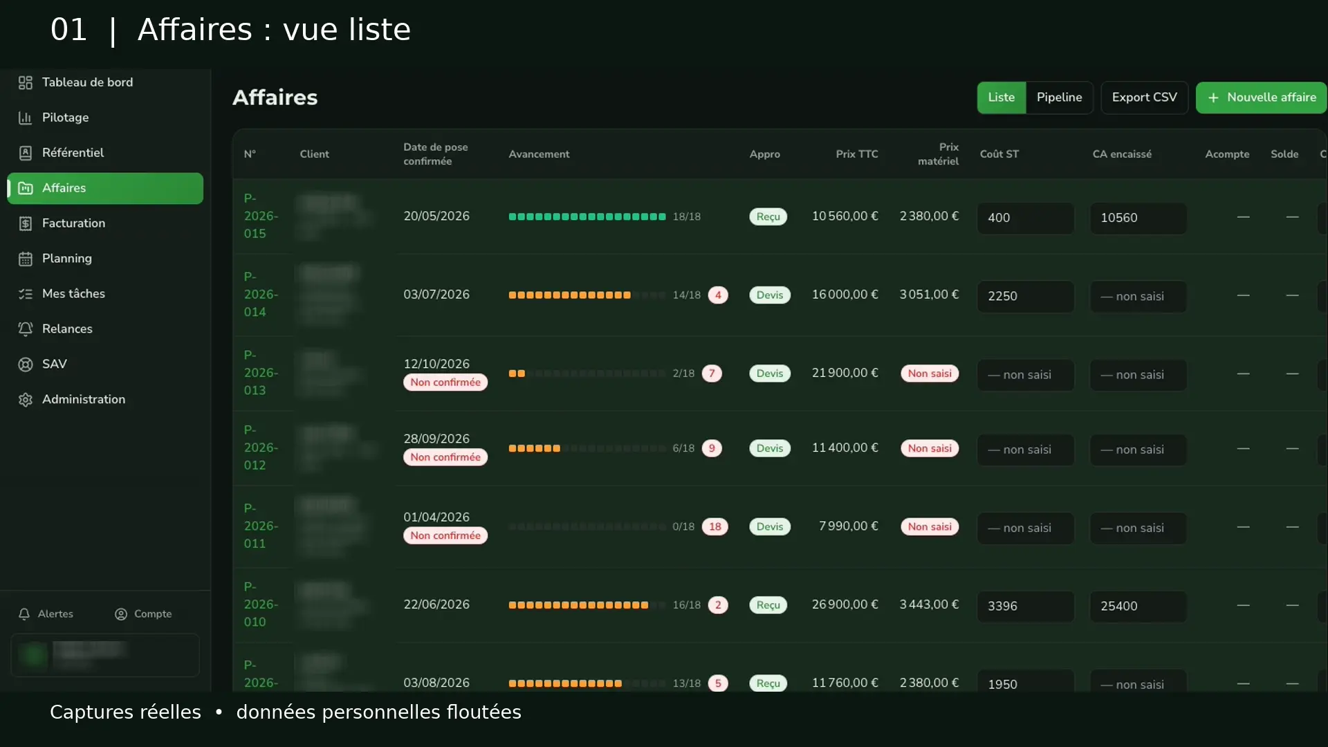 Capture réelle d'Essentiel ERP ; les données personnelles sont floutées